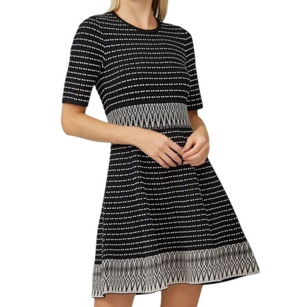 Shoshanna Black & White Striped Fit-and-Flare Midi Dress